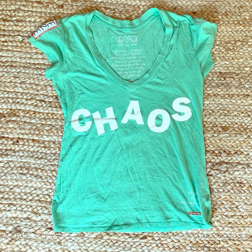 Peace Love World “I am CHAOS” light green shirt